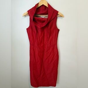 Helmut Lang Crisp Silk Wool Funnel/Cowl Neck Sleeveless Sheath Dress Red Size 4